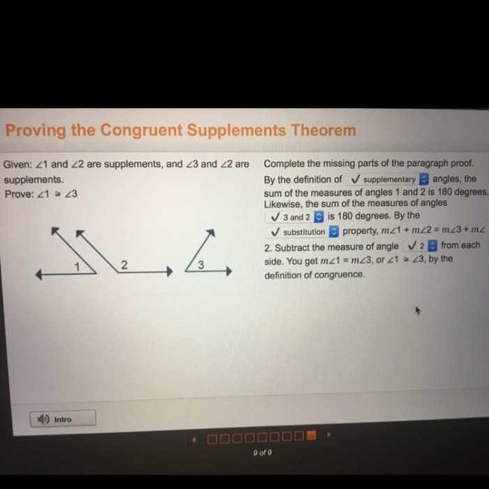 Complete the missing parts of the paragraph proof